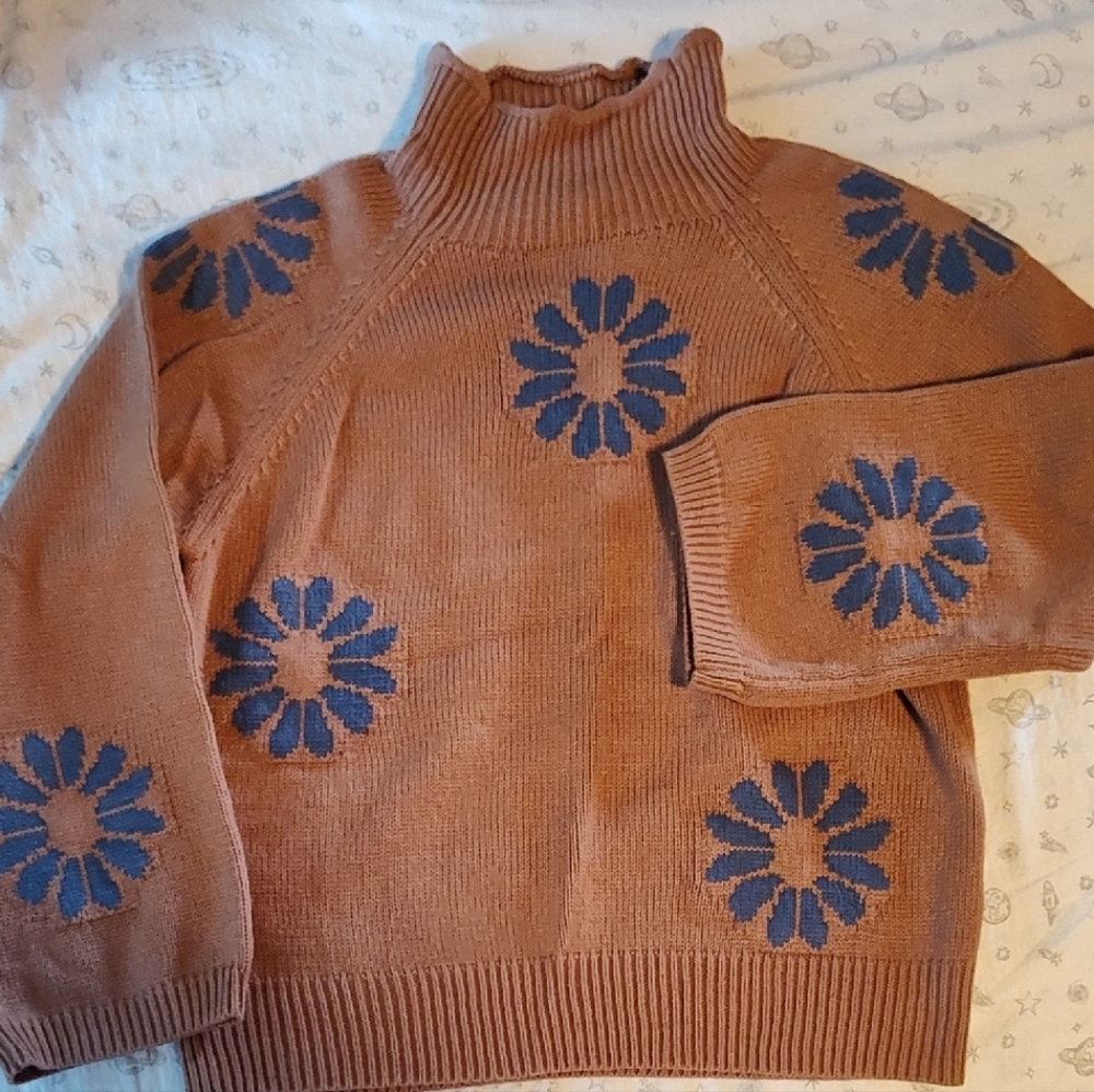 Brown Sweater with Blue Floral Pattern